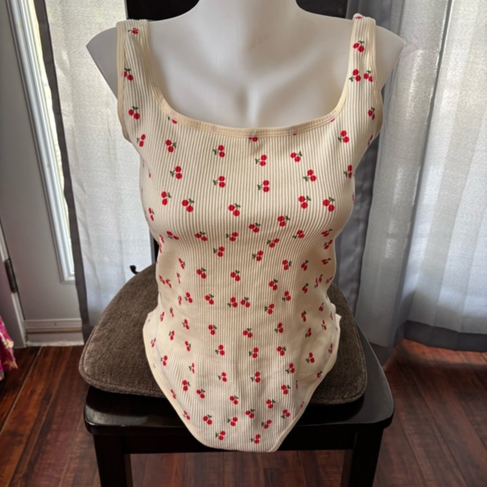 Cherry Print Ribbed Tank Top
